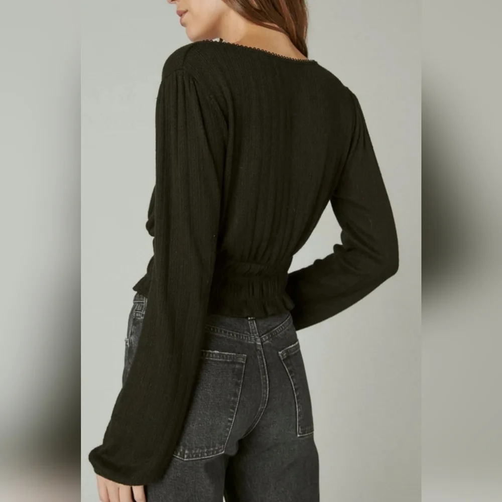 Lucky Brand Pointelle-Trim Surplice Top Jet Black XL New - Picture 4 of 10